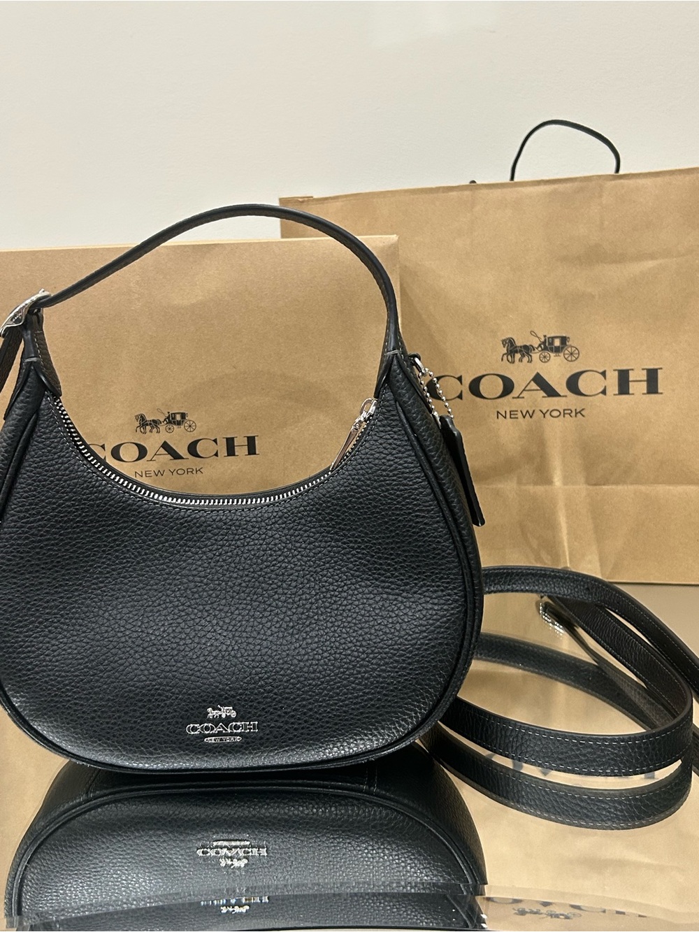 Coach Black Pebble Leather Crescent Shoulder Bag with Silver Hardware - Picture 2 of 9